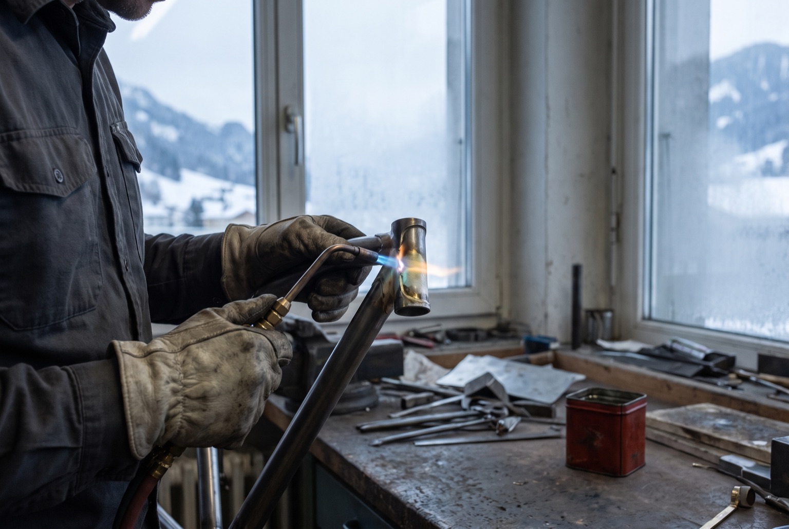Gloved hands guiding a small brazing torch around a steel bicycle lug, brass filler flowing into the joint.
