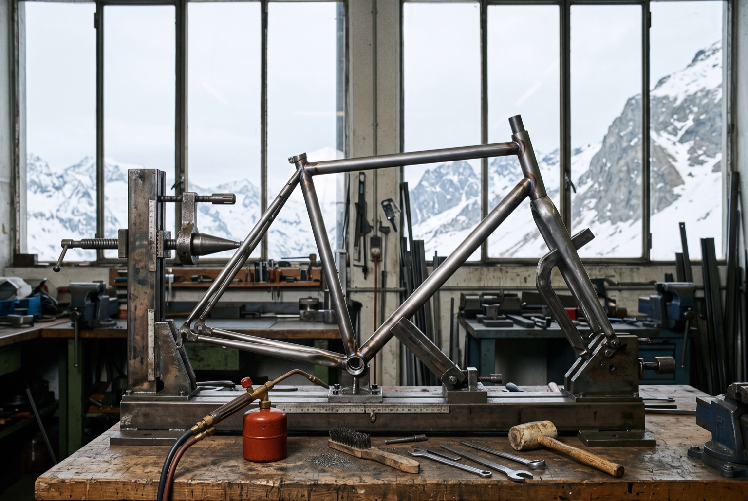 A tacked steel bicycle frame held in a heavy adjustable steel frame-building jig on a workbench, snowy peaks visible through tall workshop windows.