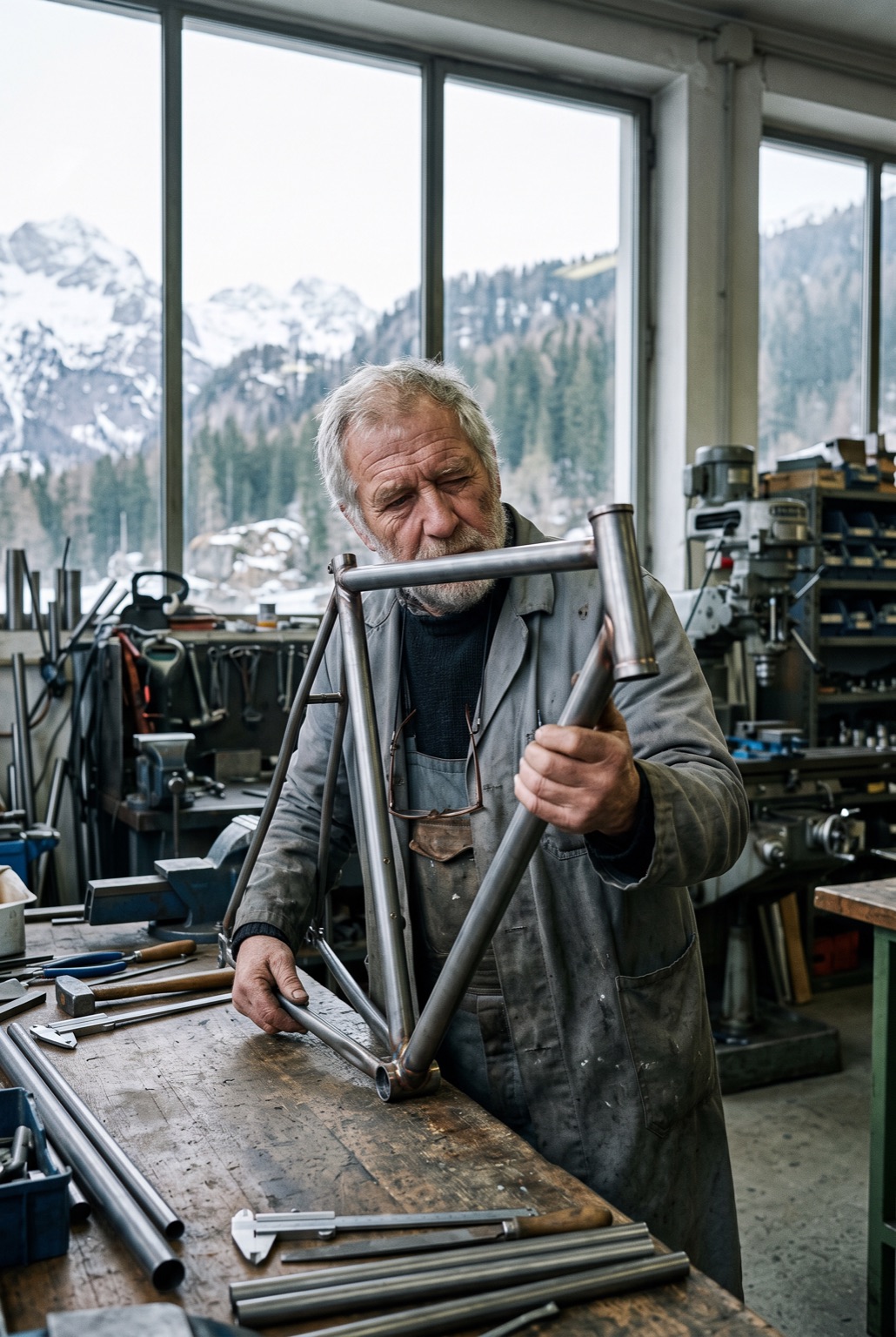 An older craftsman in a grey work coat holding a bare steel bicycle frame upright and sighting along its length, snowy mountains through the workshop windows behind him.