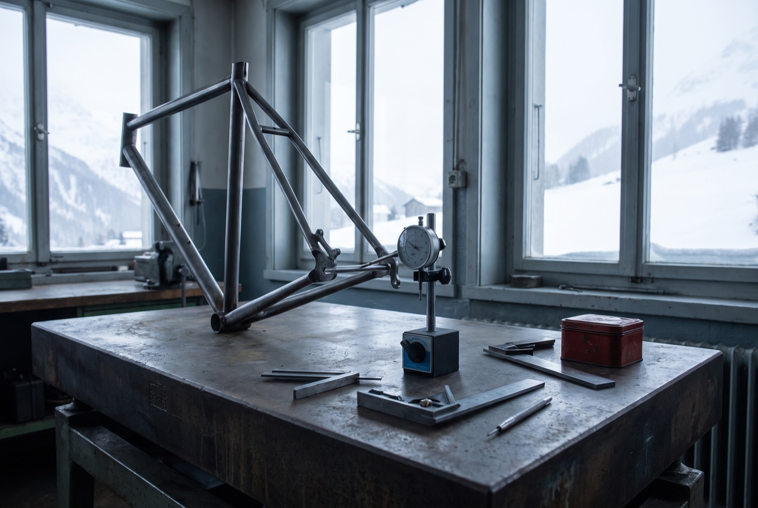 A bare steel bicycle frame lying on a cast-iron surface plate with a dial indicator gauge set against the rear dropout.
