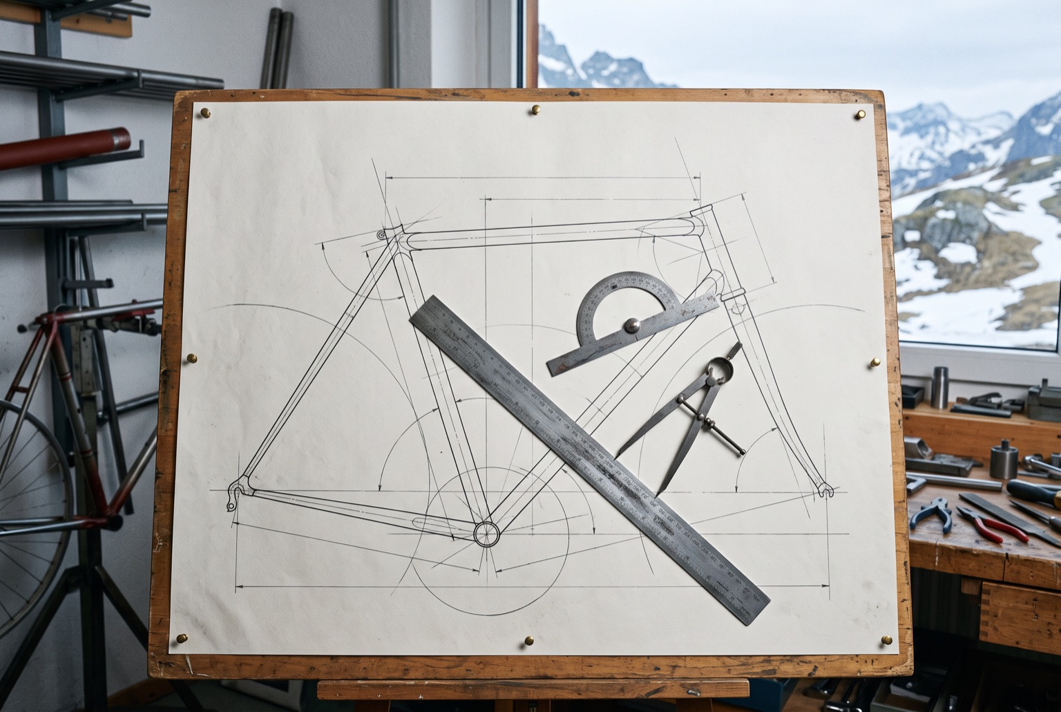 A full-size bicycle frame geometry layout scribed in fine lines on a large sheet of paper pinned to a drawing board, with a steel rule, protractor and dividers across it.