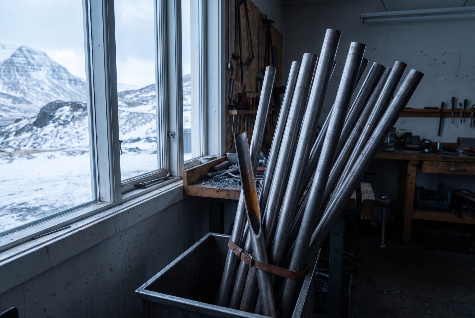 A bundle of bare steel bicycle frame tubes standing in the corner of a workshop beside a tall window, one cut to show its butted wall.