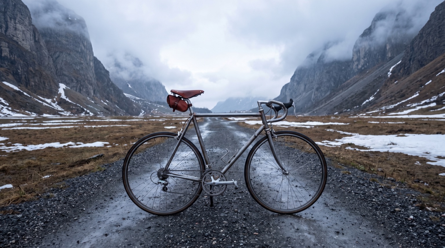 A steel bicycle standing on a wet gravel track in a wide alpine valley, bare rock walls rising into low cloud on both sides.
